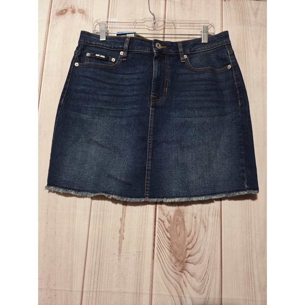 DKNY Jeans Womens Mid Rise‎ Denim Skirt Dark Wash Raw Hem A-Line Size 10 Indigo